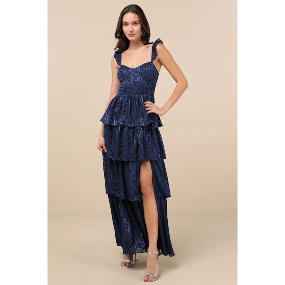 NWT Lulus Stunning Glory Navy Blue Floral Jacquard Tiered Maxi Dress - Size S